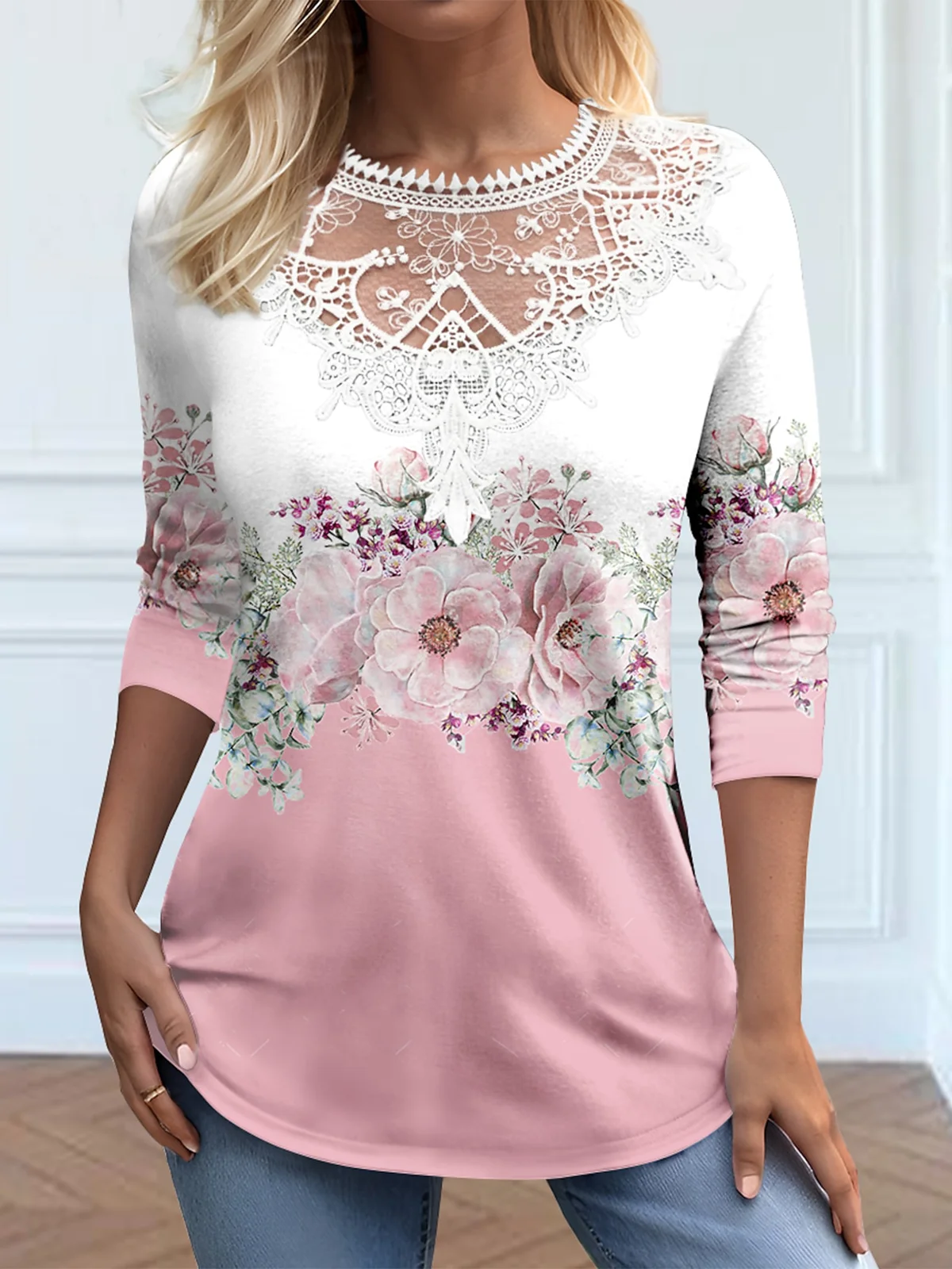 Lace Crew Neck Casual Shirt