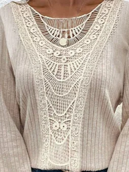 Casual Lantern Sleeve Crew Neck Lace Shirt