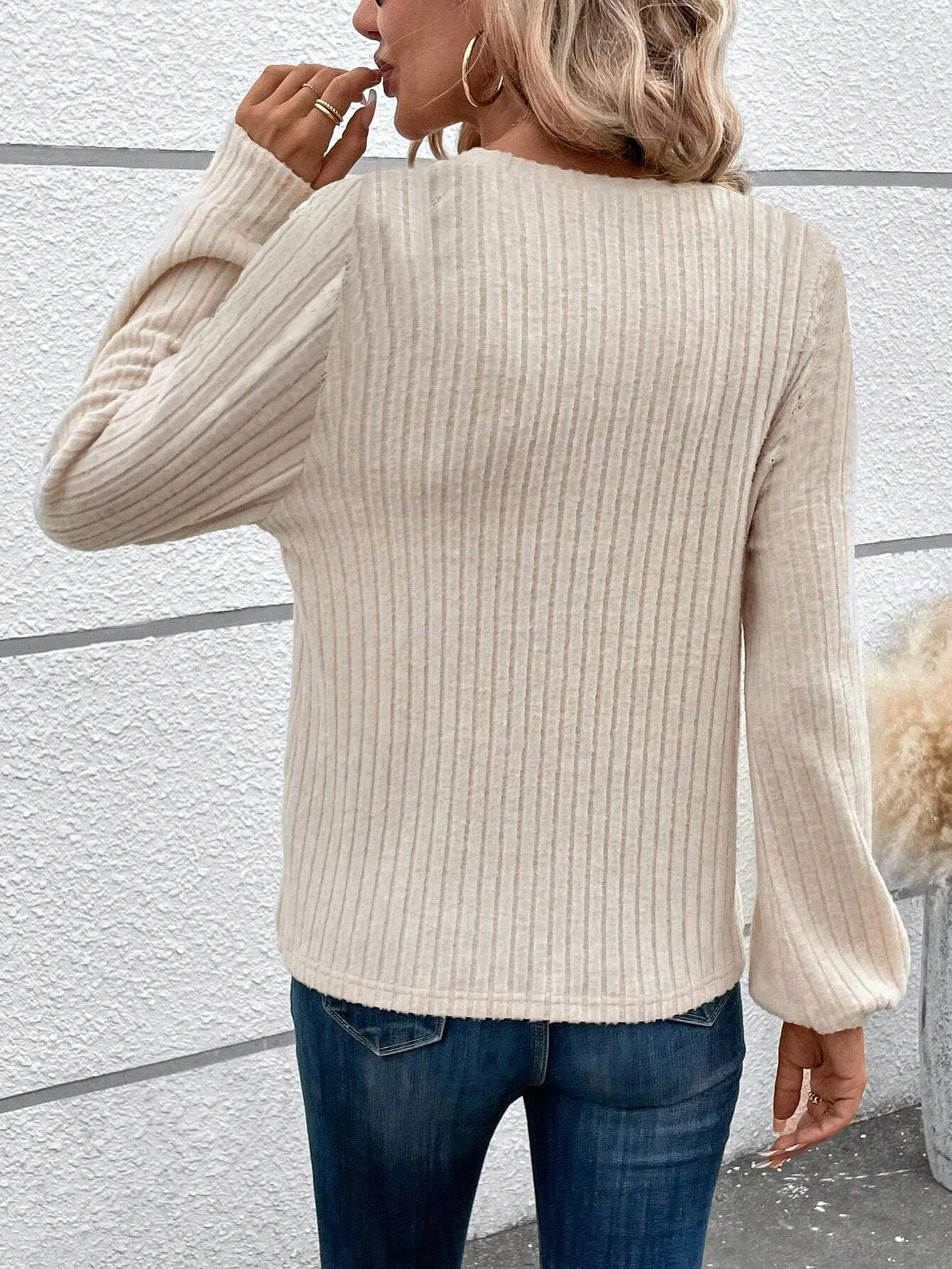 Casual Lantern Sleeve Crew Neck Lace Shirt