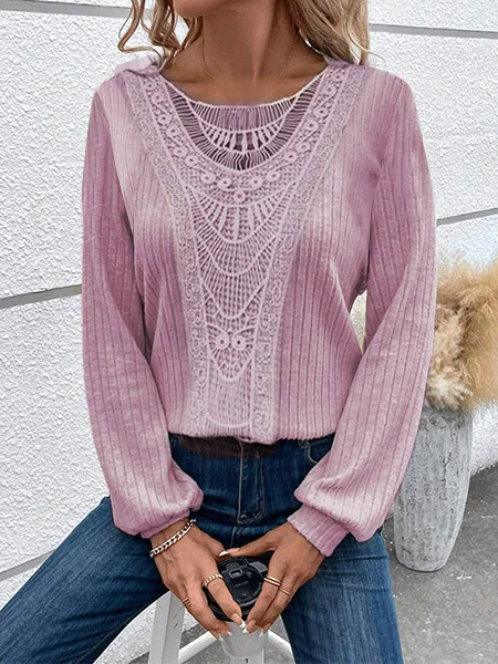 Casual Lantern Sleeve Crew Neck Lace Shirt