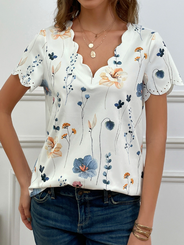 Summer Dessert Shell Neck Floral Design T-Shirt