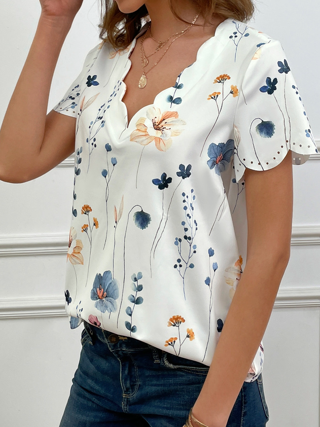 Summer Dessert Shell Neck Floral Design T-Shirt