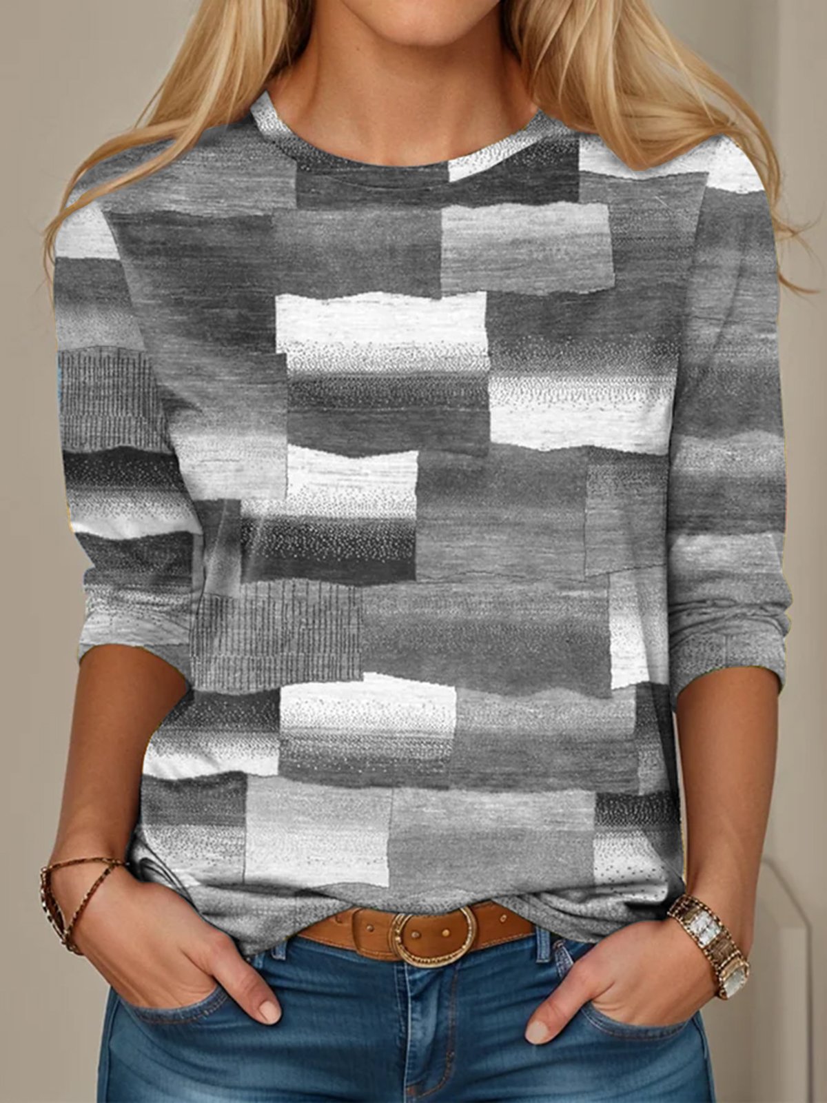 Casual Loose Multicolor Block Crew Neck T-Shirt