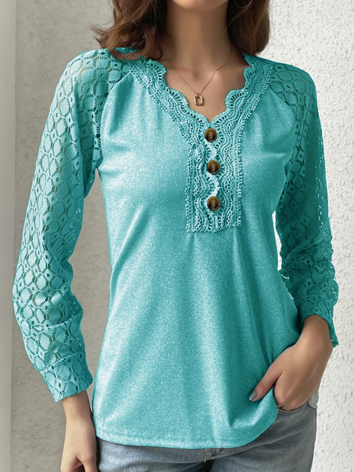 V Neck Casual Plain Lace Bukle T-Shirt