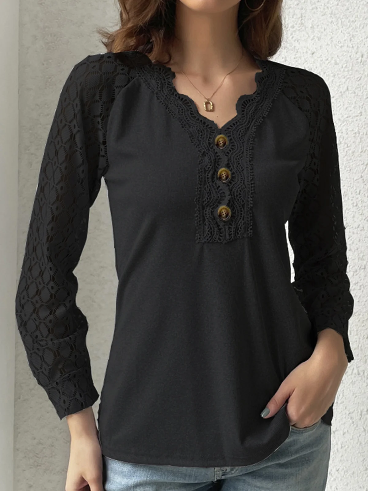 V Neck Casual Plain Lace Bukle T-Shirt