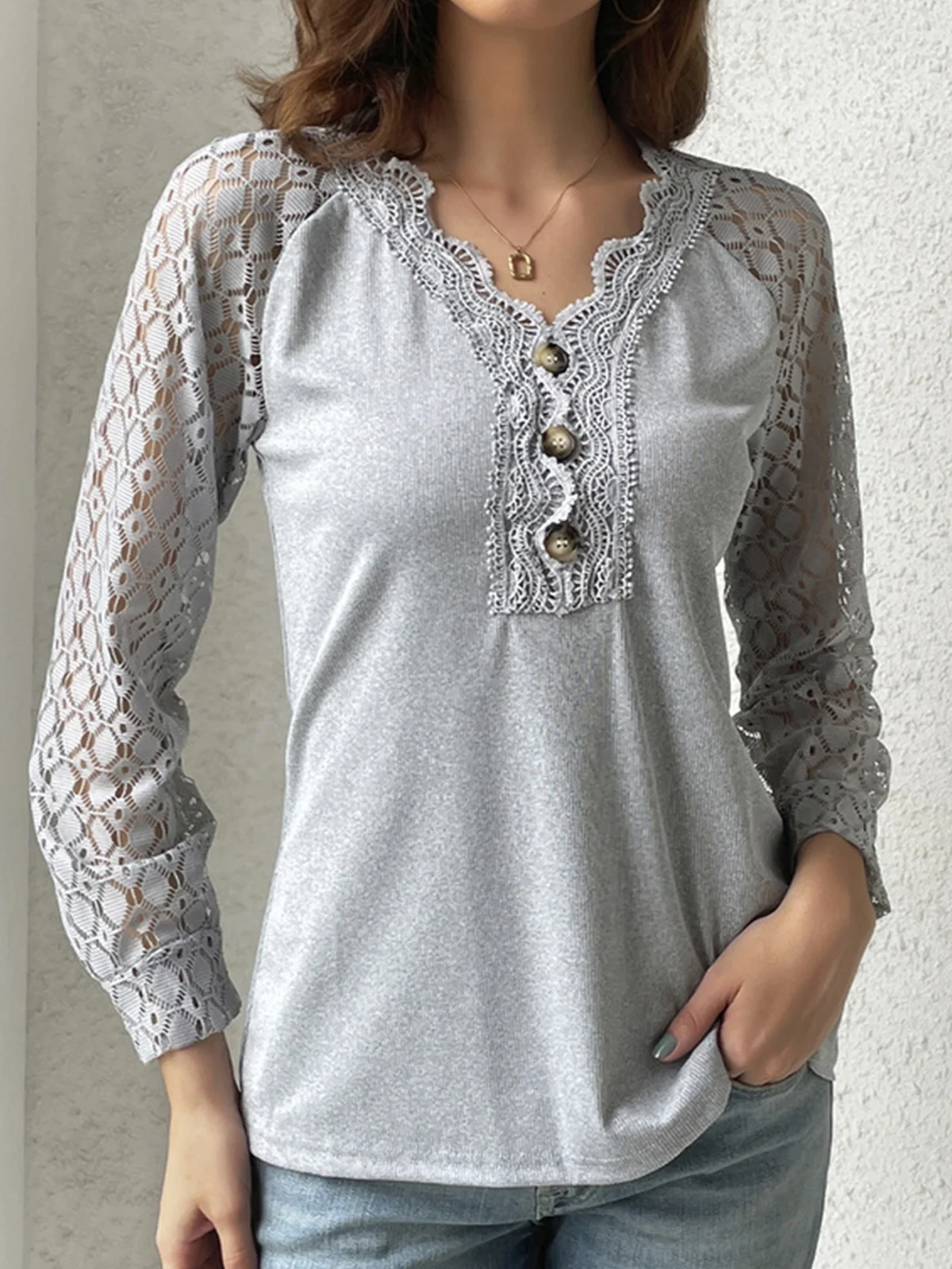 V Neck Casual Plain Lace Bukle T-Shirt