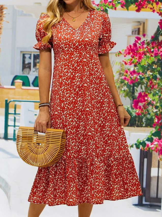 Women's Fashion Summer Pleated Holiday Sexy Big Swing Floral Dress