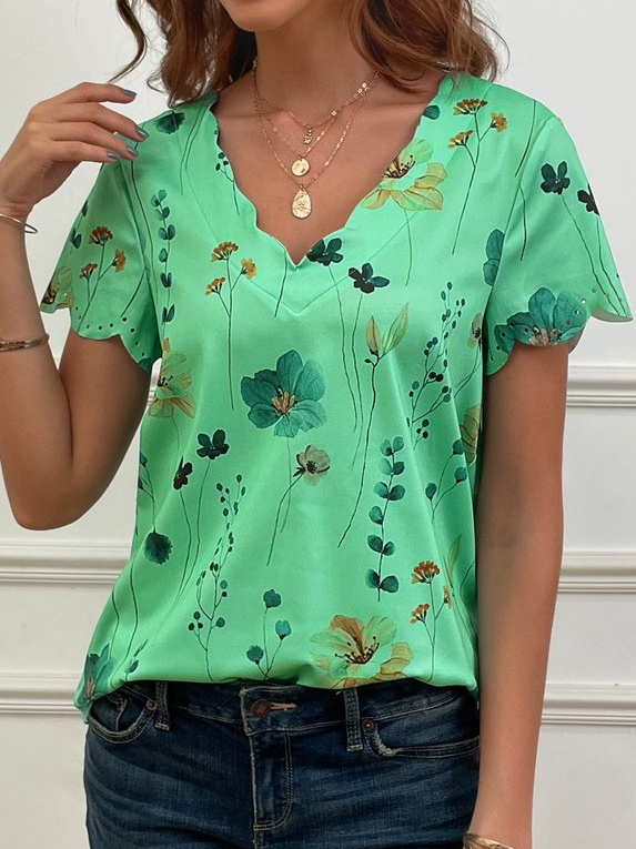 Summer Dessert Shell Neck Floral Design T-Shirt