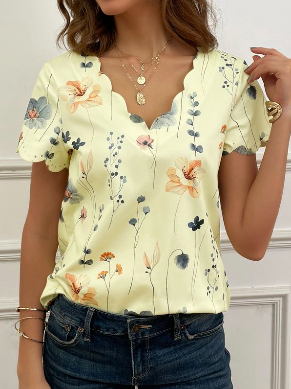 Summer Dessert Shell Neck Floral Design T-Shirt