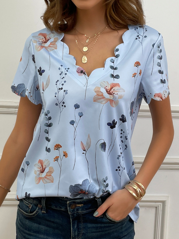 Summer Dessert Shell Neck Floral Design T-Shirt