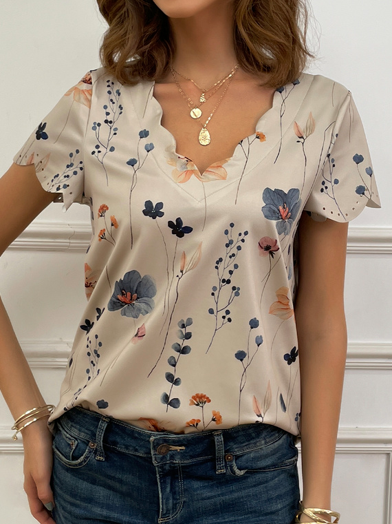 Summer Dessert Shell Neck Floral Design T-Shirt