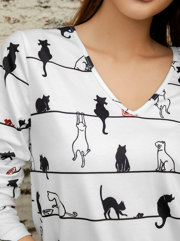 Cat Casual V Neck Knitted T-Shirt