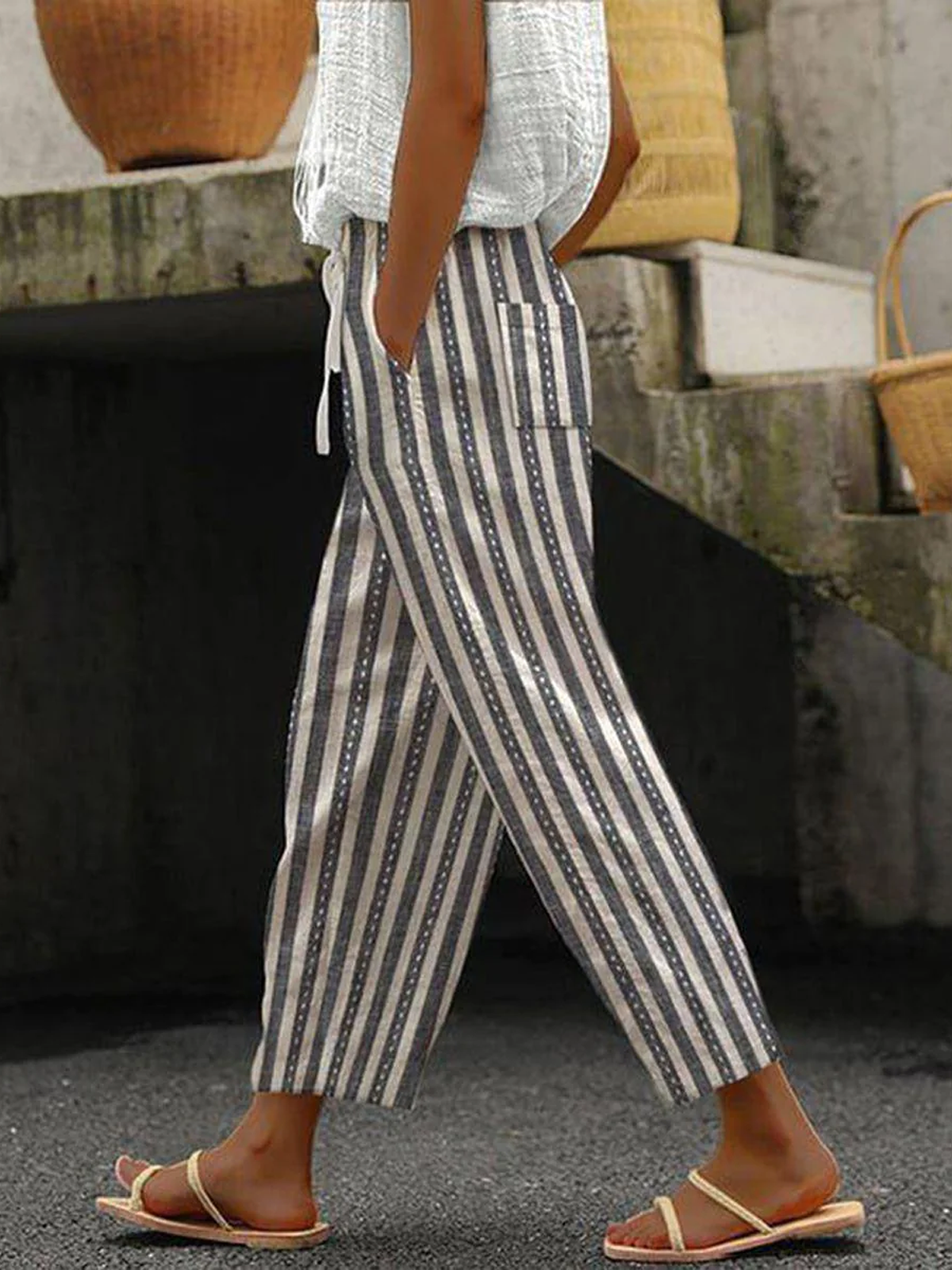 Casual Striped Pocket Stitching Pants