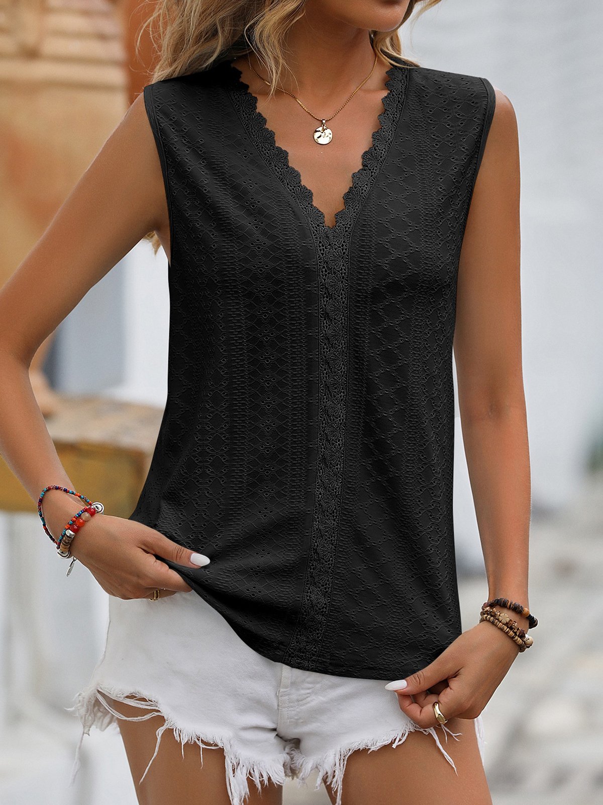 Lace Plain Casual Tank Top