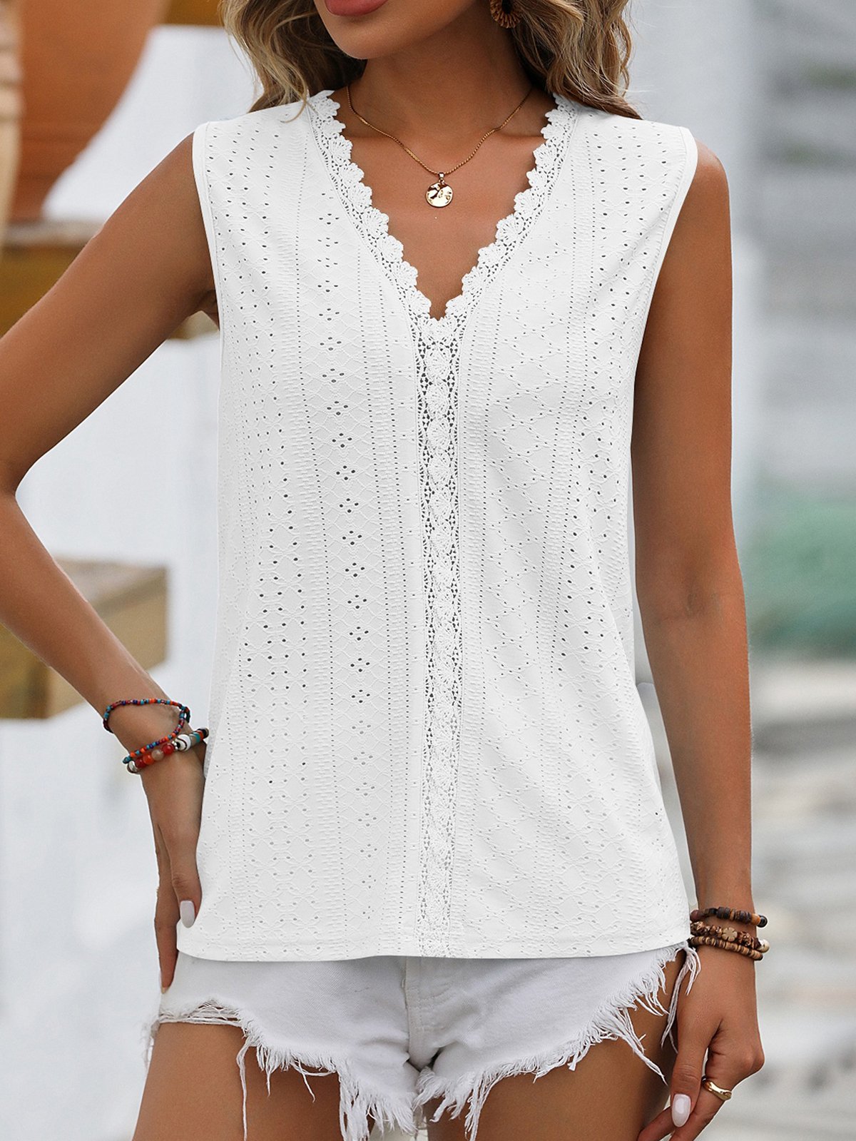 Lace Plain Casual Tank Top