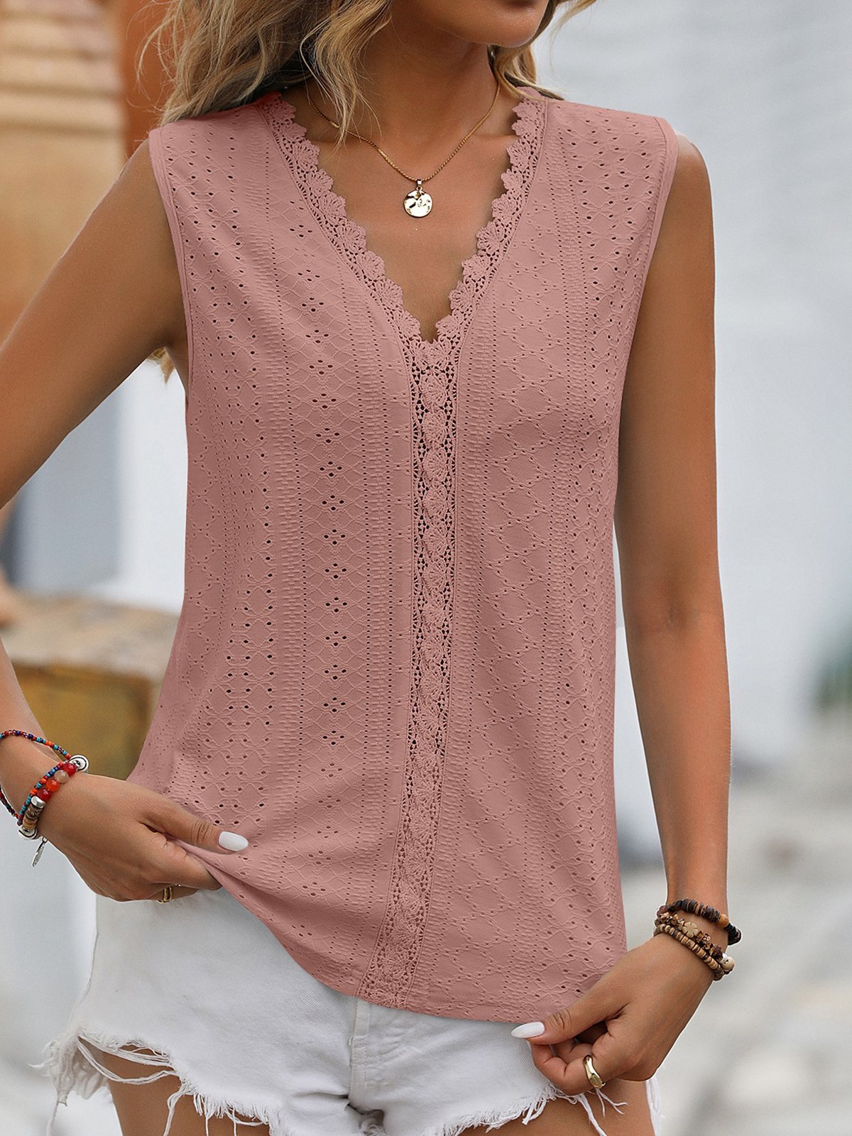 Lace Plain Casual Tank Top