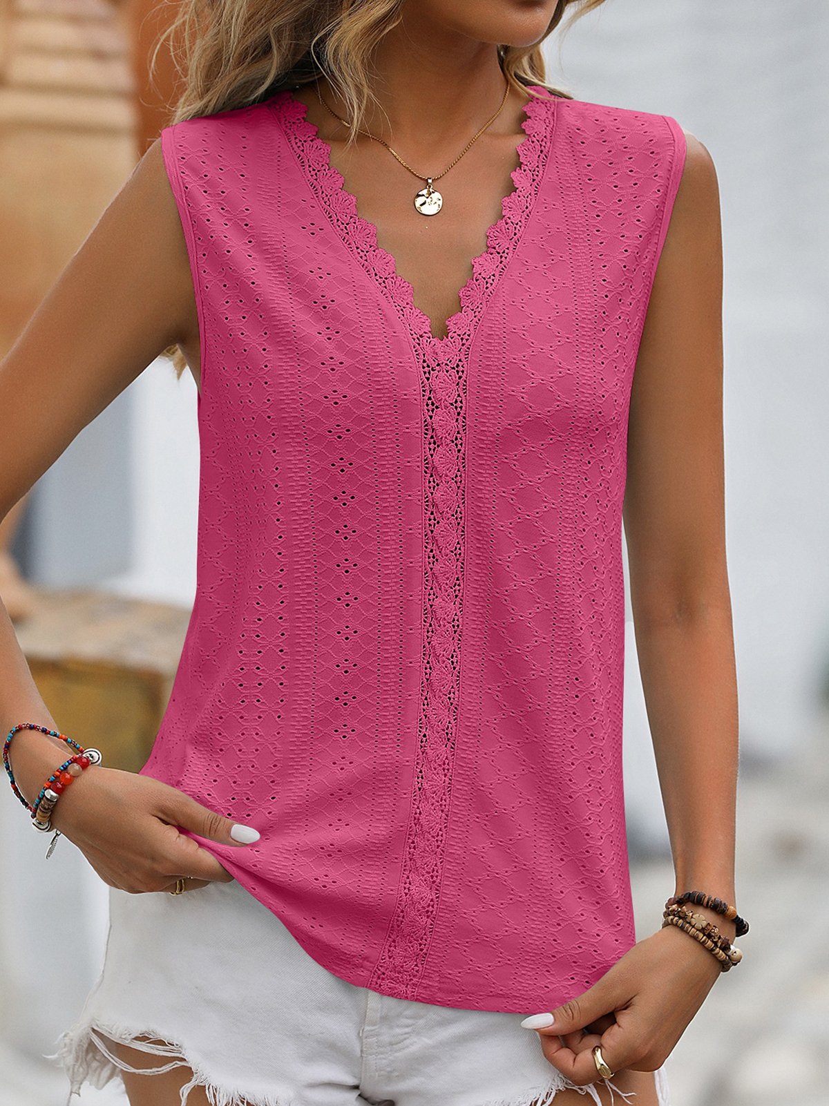 Lace Plain Casual Tank Top