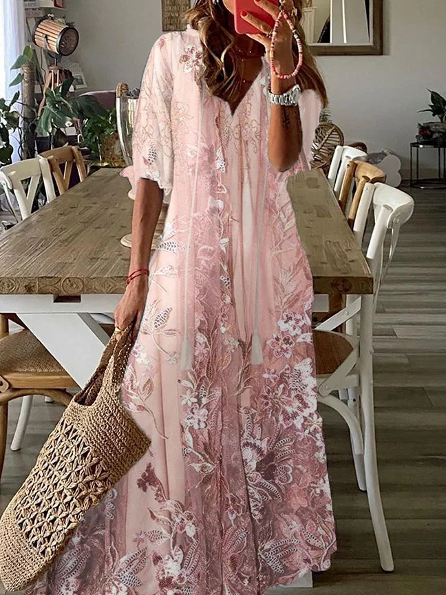 Casual Mesh Floral V Neck Dress