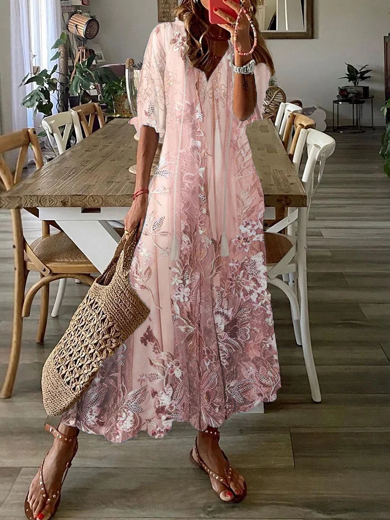 Casual Mesh Floral V Neck Dress