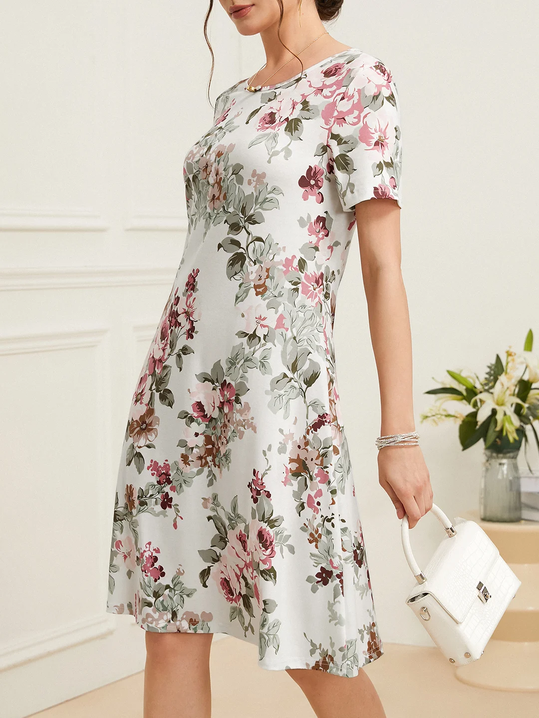 Cotton-Blend Elegant Floral Loose Dress