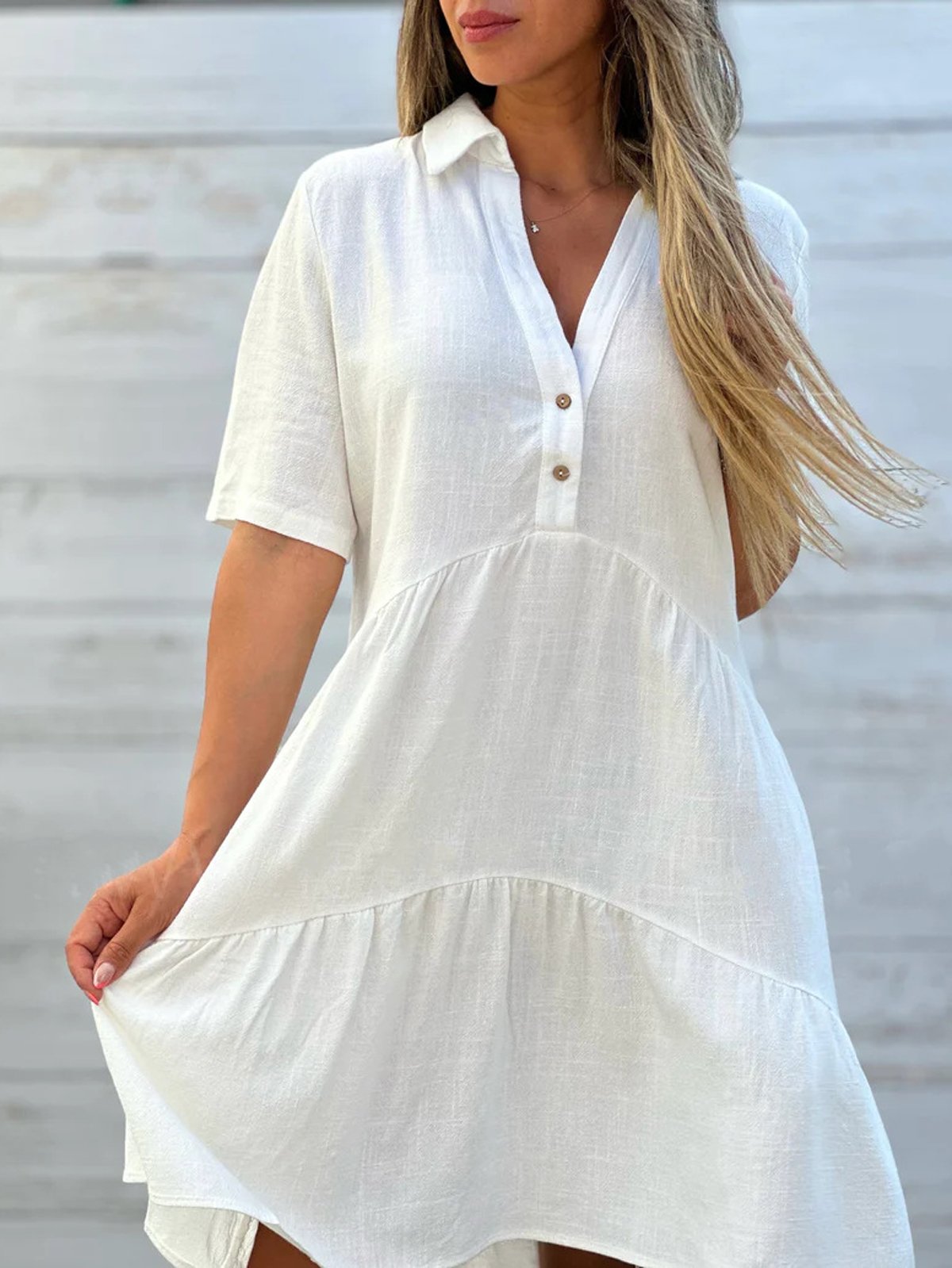 Cotton Shirt Collar Loose Casual Dress With No