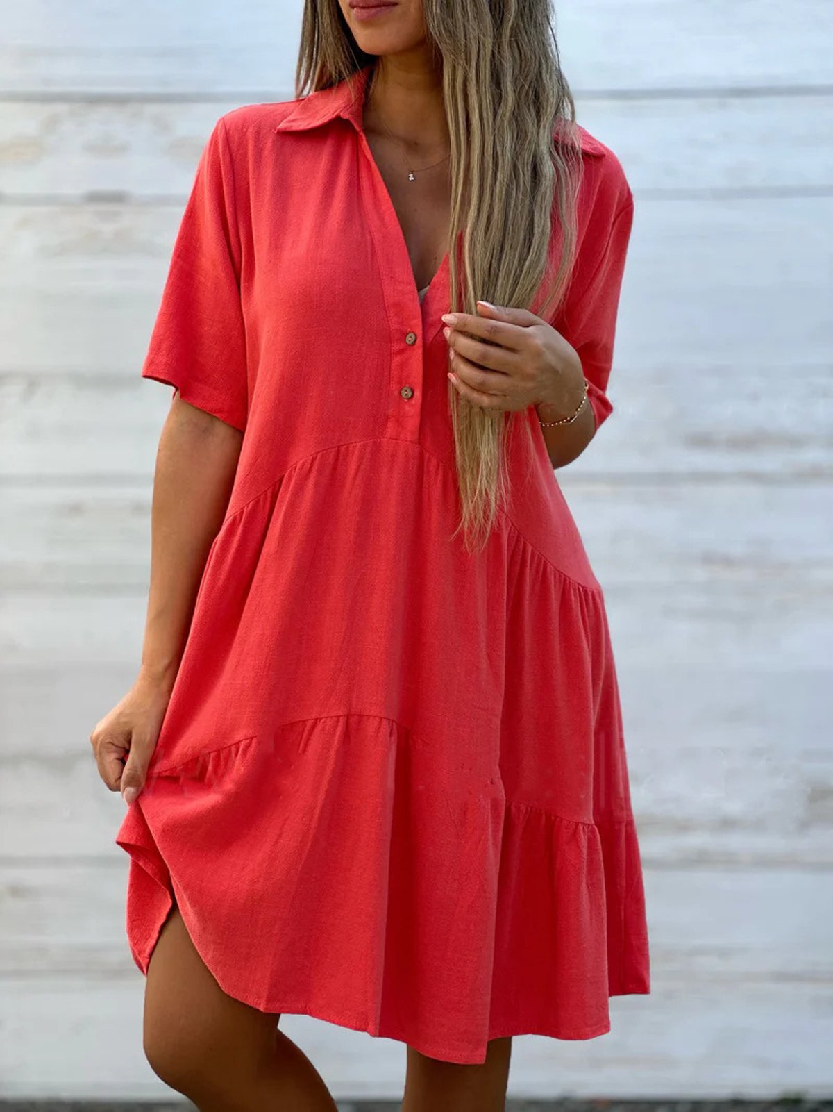 Cotton Shirt Collar Loose Casual Dress With No