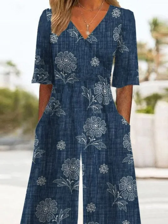 Casual Pocket Stitching Floral Jumpsuit