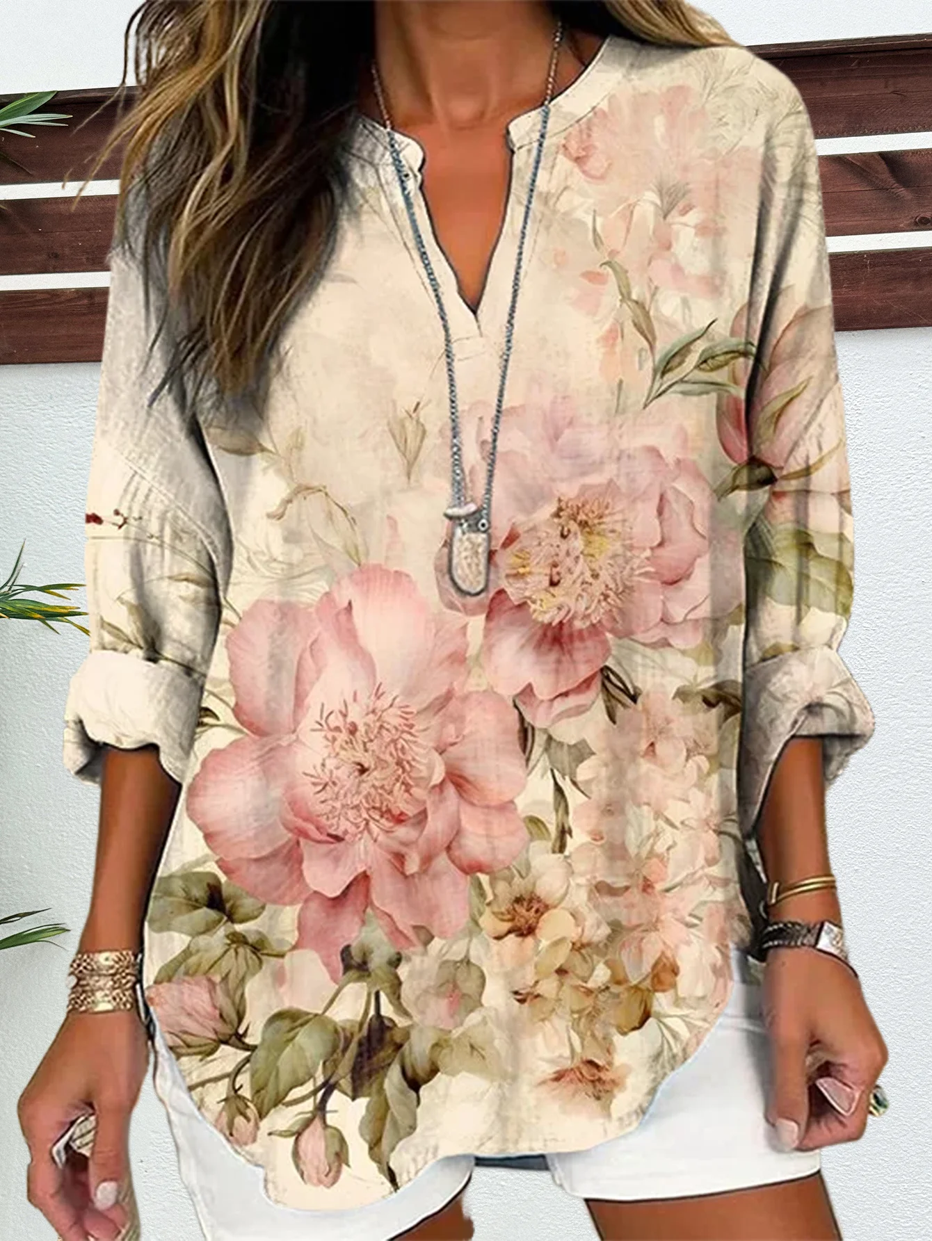 Loose Casual Floral Notched Shirt