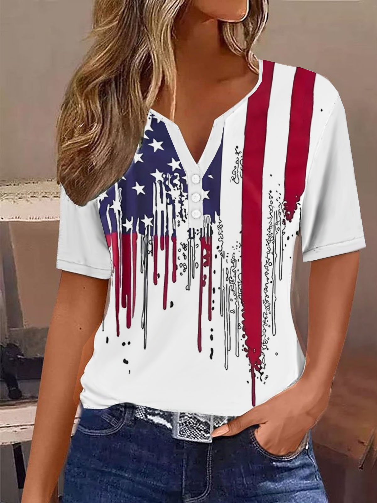 Casual Independence Day Notched T-Shirt