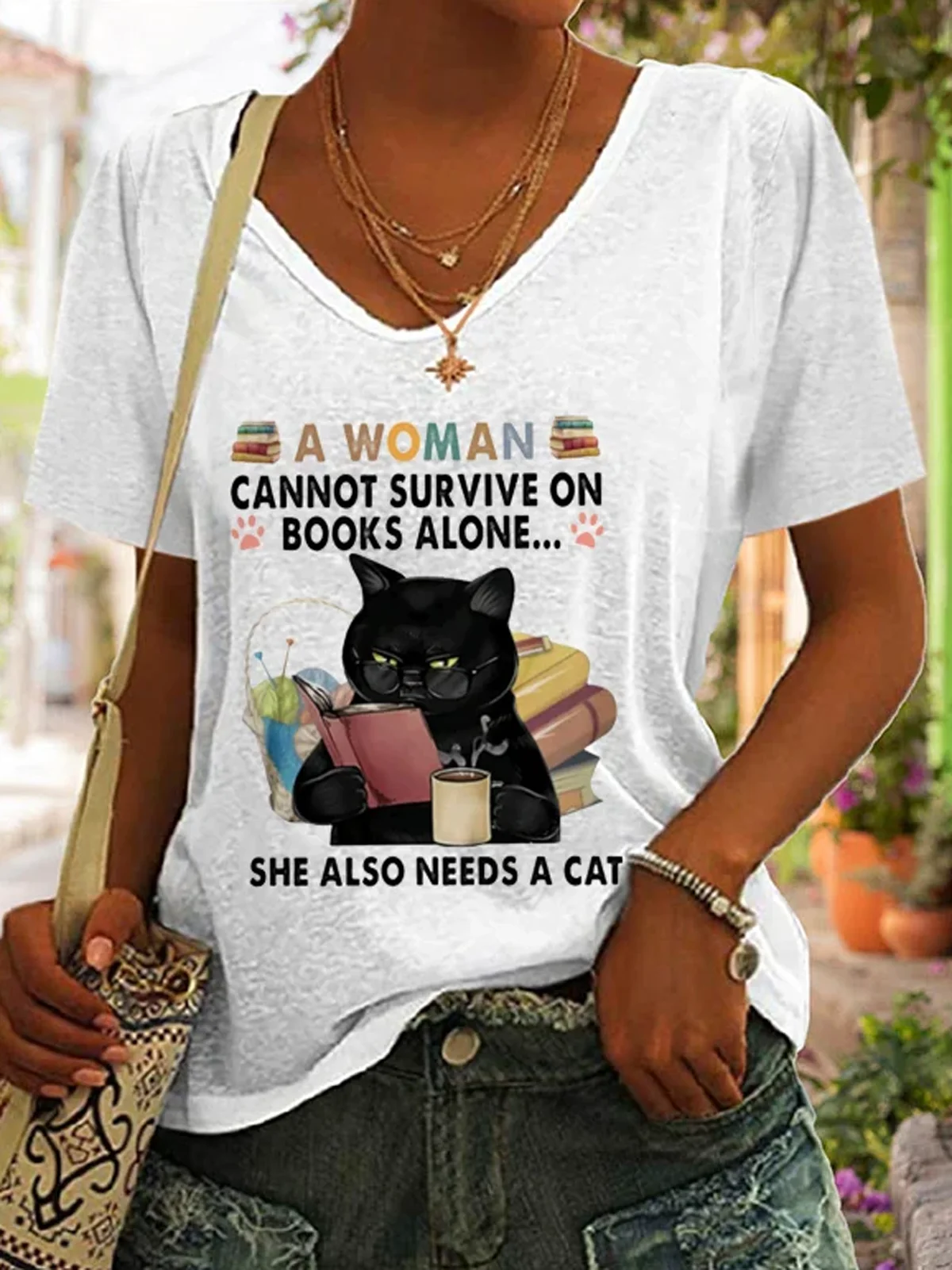 A Woman Cannot Survive On Books Alone She Also Needs A Cat Print Short Sleeve T-Shirt