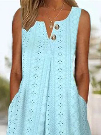 Women's Sleeveless Summer Blue Plain Notched Daily Going Out Casual Midi H-Line Tank Dress