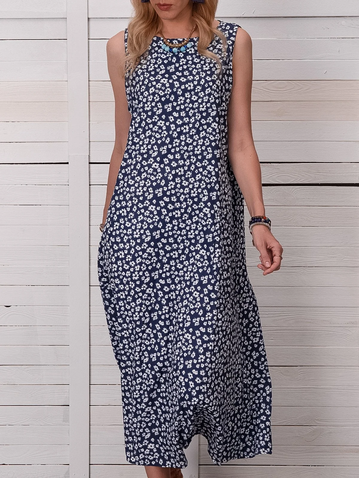 Floral Pockets Maxi Dress Summer Sleeveless Weaving Dress
