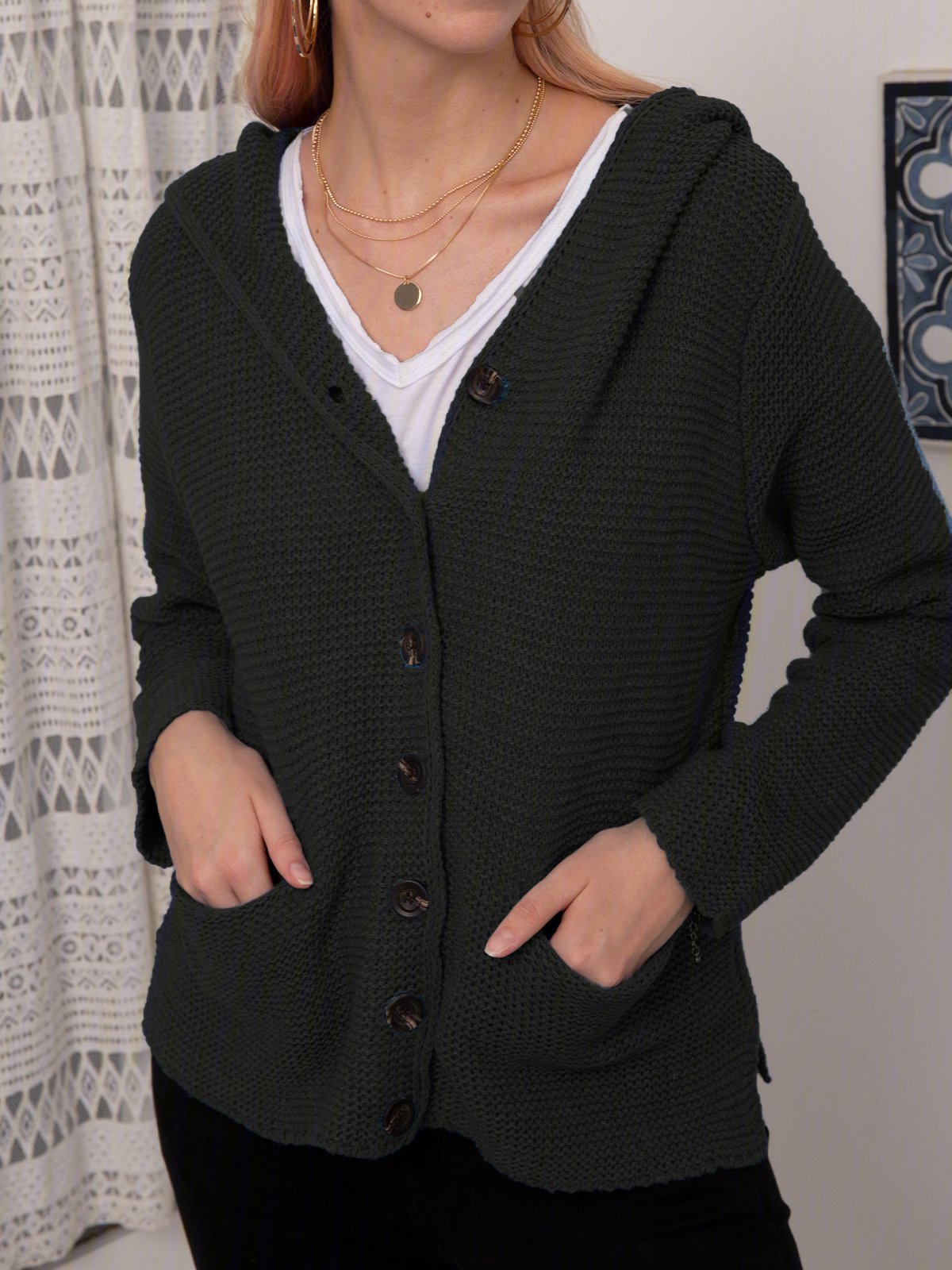 Hooded Buttoned Knitted Cardigan Sweater Sweater coat