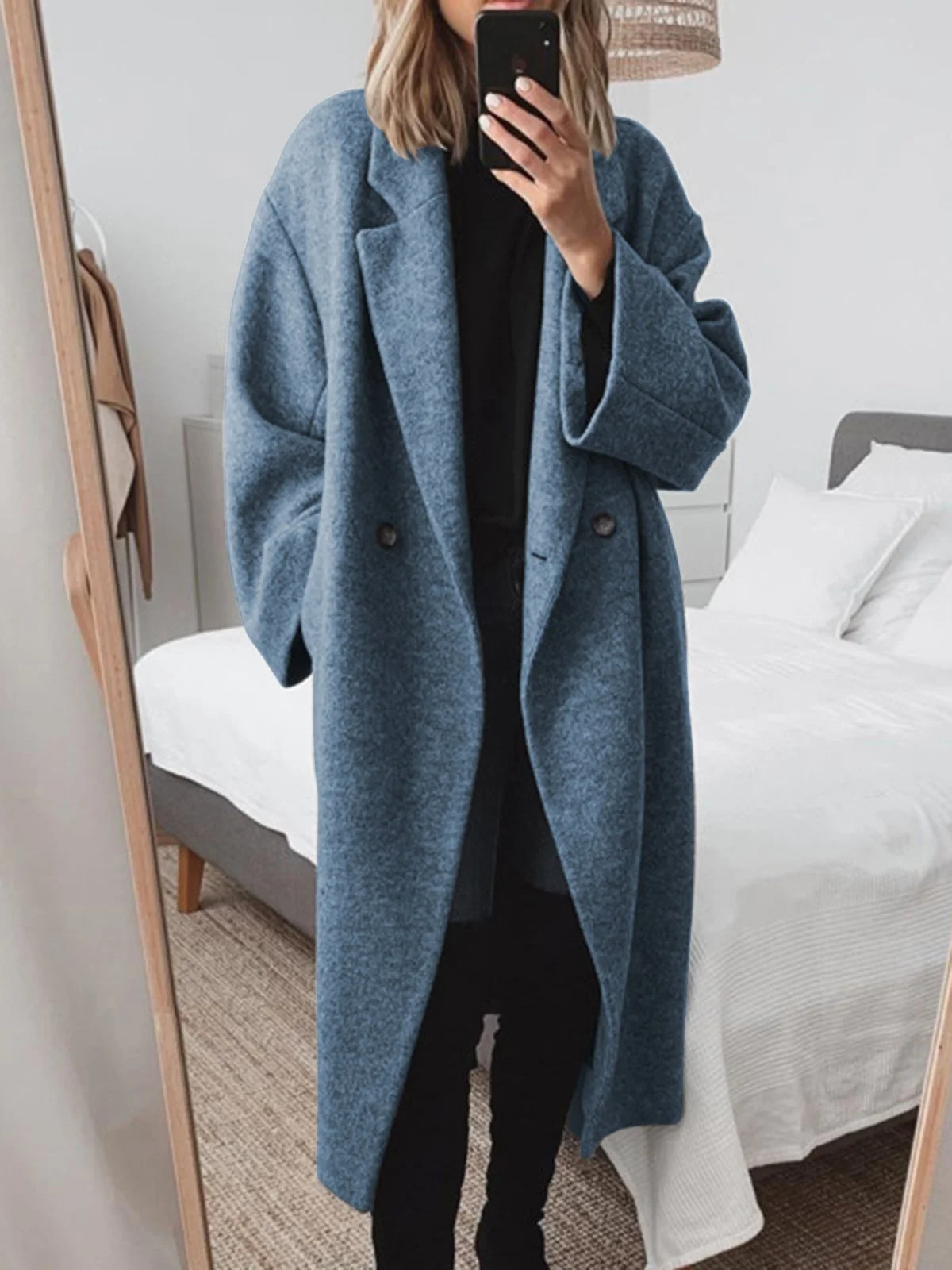 Women Pockets Solid Wool-blend Coat