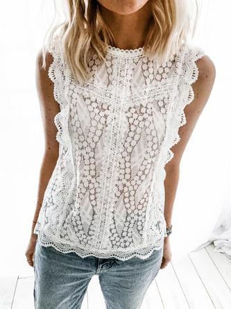White Sleeveless Crew Neck Cotton Shirt & Top