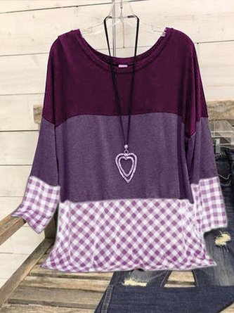 Checkered/plaid Casual Long Sleeve Cotton-Blend Top