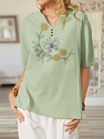 Flower Butterfly Printed V-neck Short Sleeve Casual T-Shirt For Women
