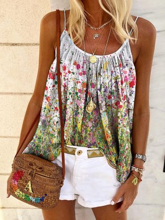 Sleeveless Floral Crew Neck Shirts & Tops