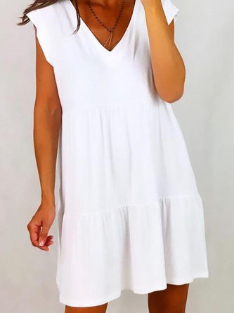 Simple Plain V-Neck Tiered Casual  Mini Dress