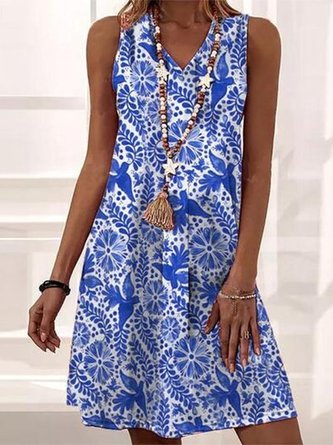 Casual Boho Floral Printed V Neck Holiday Sleeveless Mini Weaving Dress