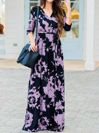 Casual Holiday 3/4 Sleeve Black Floral-Print Maxi Knitting Dress