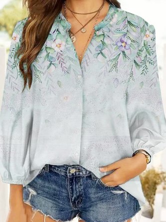 Long sleeve stand collar gradient Vintage plant flower print top shirt