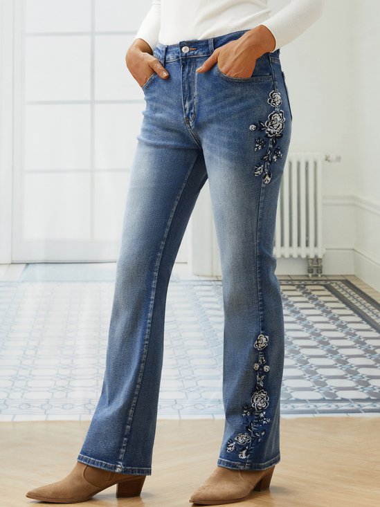 Casual Embroidered Floral Denim Jeans