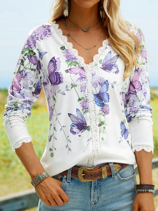 Butterfly flower lace top T-shirt