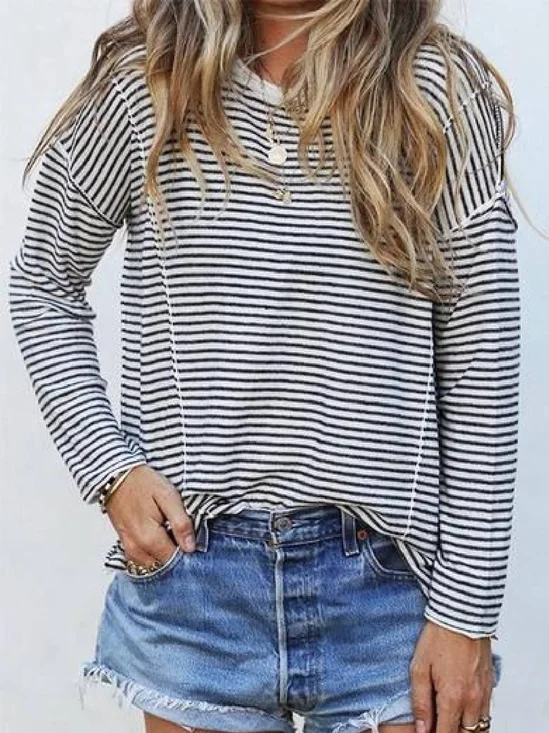 White Cotton-Blend Long Sleeve Round Neck Top