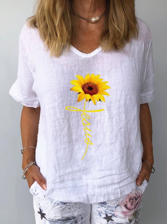 Sunflower Print Casual Linen V Neck Top
