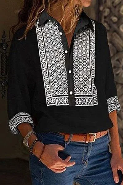 Black 3/4 Sleeve Cotton-Blend Shirt Collar Printed Blouse