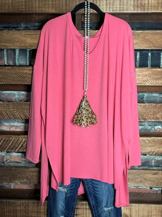 V-neck Solid Color Casual Long T-shirt