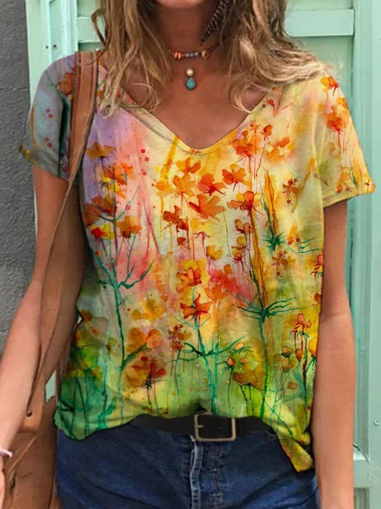 Colorful Flower Painting Shift Short Sleeve T-shirt