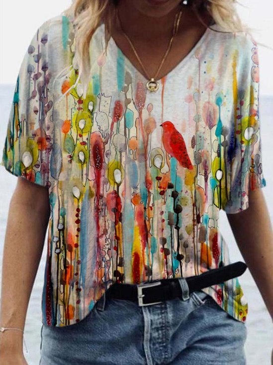 Abstract Plants Bird Painting Print T-shirt